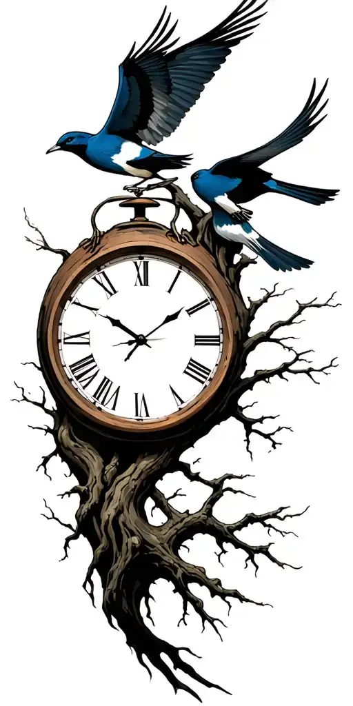 Moutains Tree Clock Birds Flying