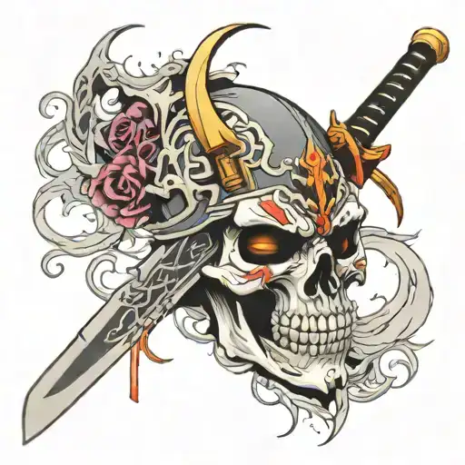 Katana Through Skull With A Broken Demon Mask
