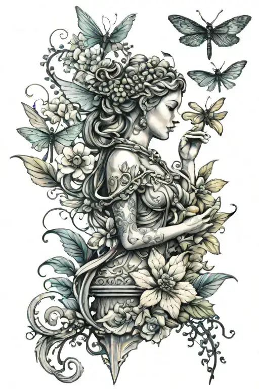 Vinged Victory Statue With Blooming Flowers And Dragonflies