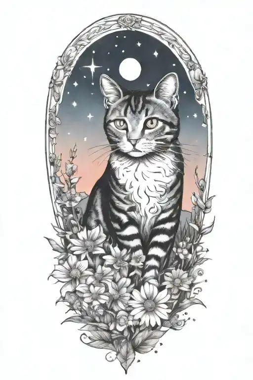 A Cat Exploring A Field Of Colorful Flowers Under A Starry Sky