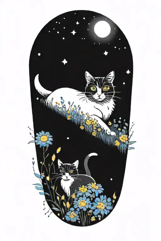 A Black And White Cat Exploring A Field Of Colorful Flowers Under A Starry Sky
