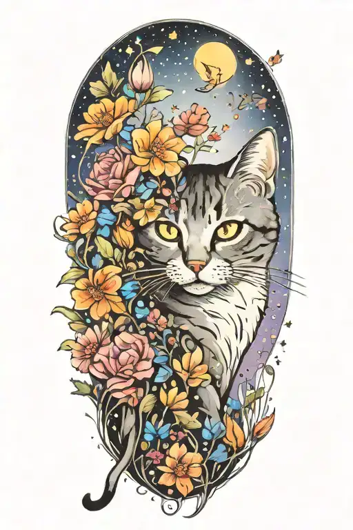 A Cat Exploring A Field Of Colorful Flowers Under A Starry Sky