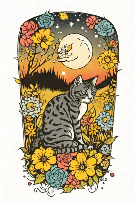 A Cat Exploring A Field Of Colorful Flowers Under A Starry Sky