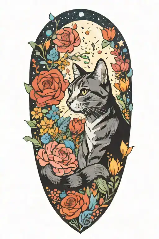 A Cat Exploring A Field Of Colorful Flowers Under A Starry Sky