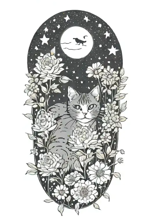 A Cat Exploring A Field Of Colorful Flowers Under A Starry Sky