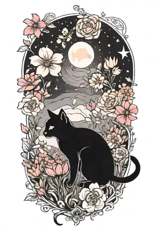 A Cat Exploring A Field Of Colorful Flowers Under A Starry Sky
