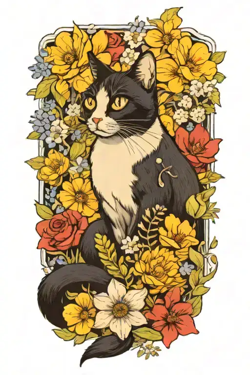 A Tuxedo Cat Surrounded By Wildflowers