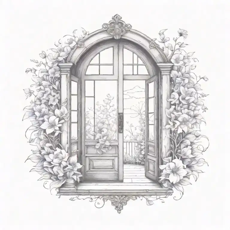 Open Doors Leading To Flower Garden Blue And Purple Flowers