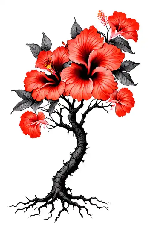 Psychedelic Hibiscus Tree With Faded Red Hibiscus Flowers And Roots