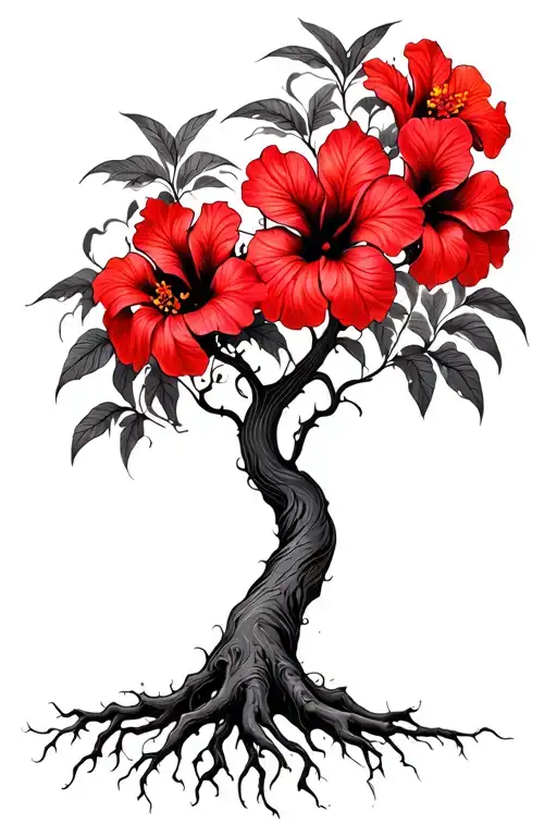 Psychedelic Hibiscus Tree With Faded Red Hibiscus Flowers And Roots