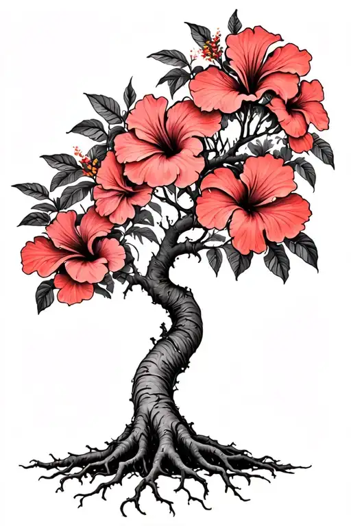 Psychedelic Hibiscus Tree With Faded Light Red Hibiscus Flowers And Roots