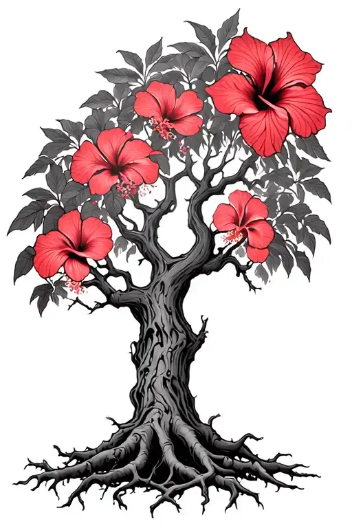 Psychedelic Gnarly Tree With Faded Light Red Hibiscus Flowers And Roots