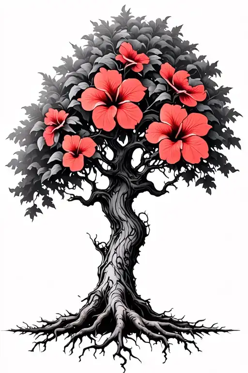 Psychedelic Minimalist Creepy Tree With Faded Light Red Hibiscus Flowers And Roots