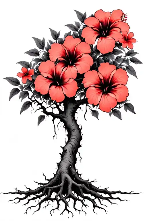 Psychedelic Minimalist Creepy Tree With Faded Light Red Hibiscus Flowers And Roots