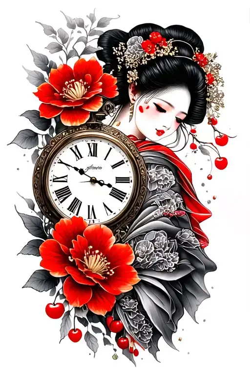 Broken Clock With A Back Geisha And Cherry Flowers