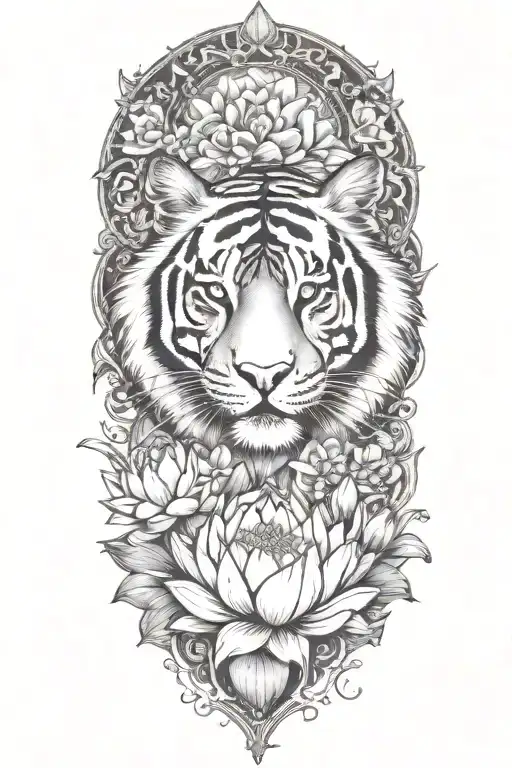 Tiger Surrounded By Lotus Flower Blooming
