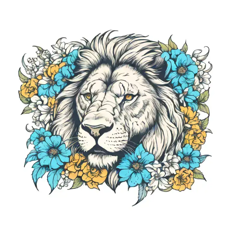 Angry Lion With Daisies And Larkspur
