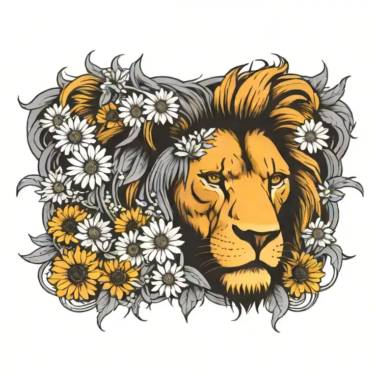 Angry Lion With Daisies And Larkspur