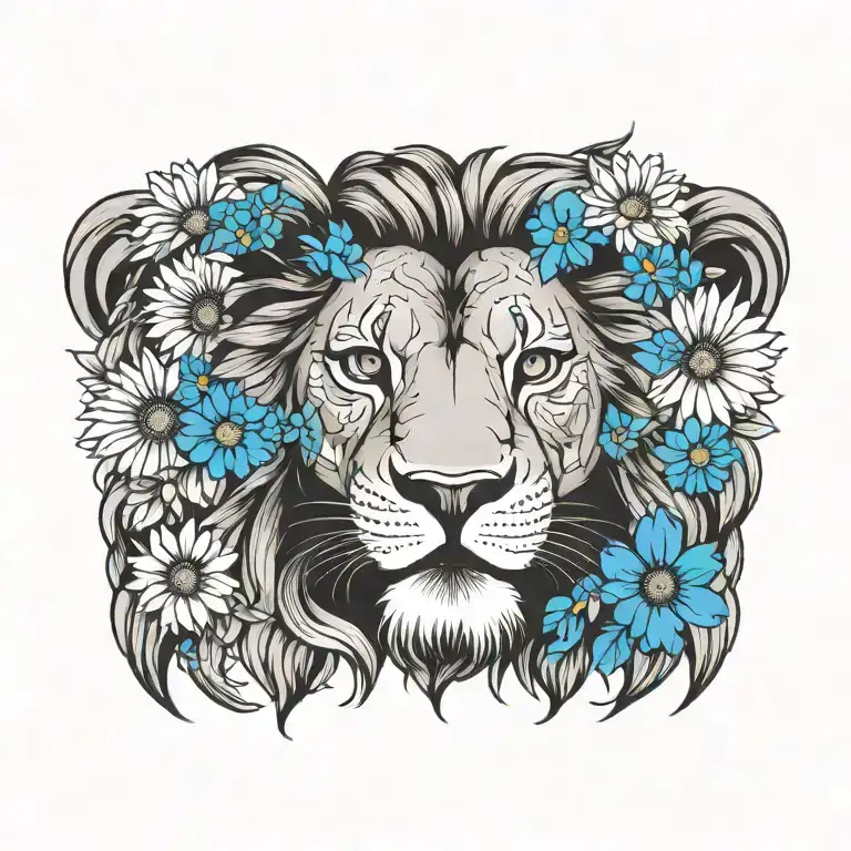 Lion Roaring With Daisies And Larkspur