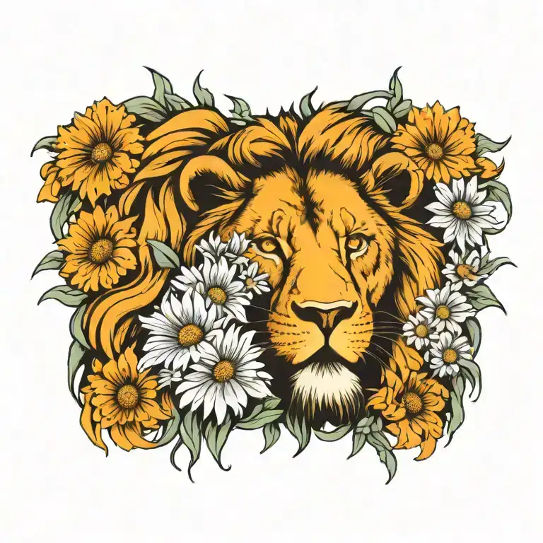 Lion Showing Teeth With Daisies And Larkspur Border