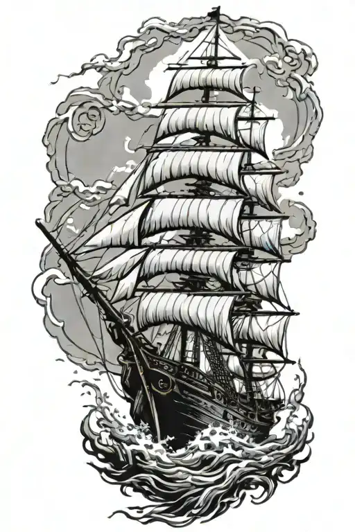 Pirate Ship Sailing Rough Seas Meramid On Front