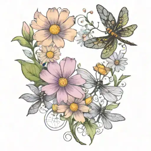 5 Dragon Flies Flying Over Daisy Bouquet