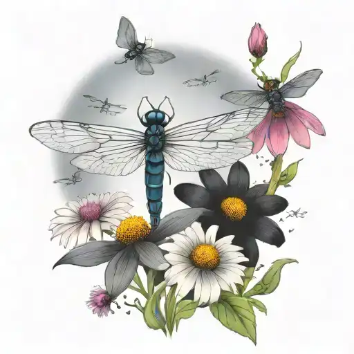 5 Dragon Flies Flying Over Cone Flowers