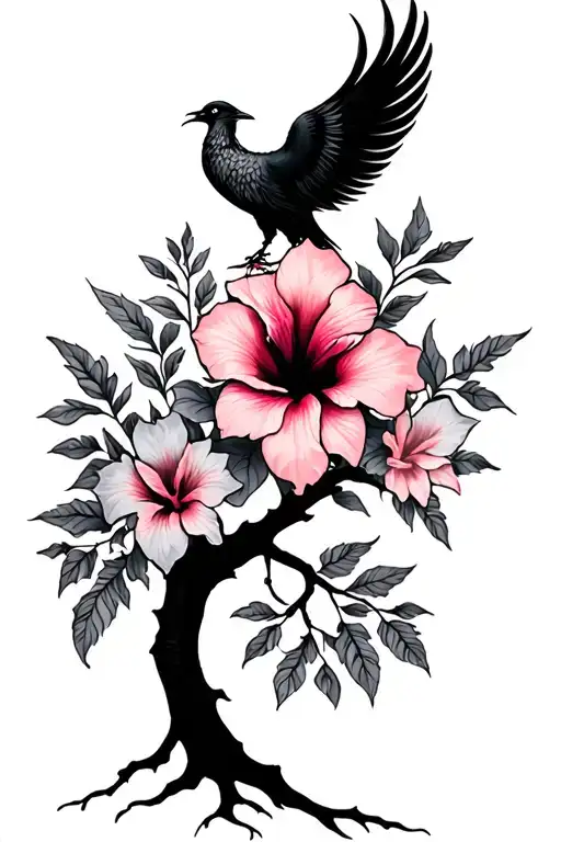 Psychedelic Hibiscus Tree And Small Phoenix Silhoette