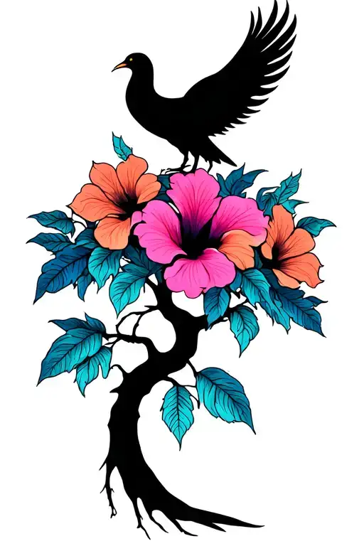 Psychedelic Hibiscus Tree And Small Phoenix Silhoette
