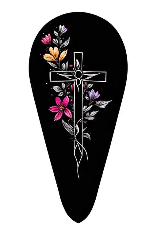 Black And White Cross With Colorful Flower Background