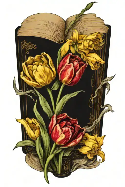 Tulip And Daffodil Flowers Blooming From Open Book