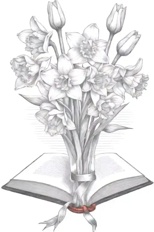 Daffodils And Tulips Bouquet Over An Open Book
