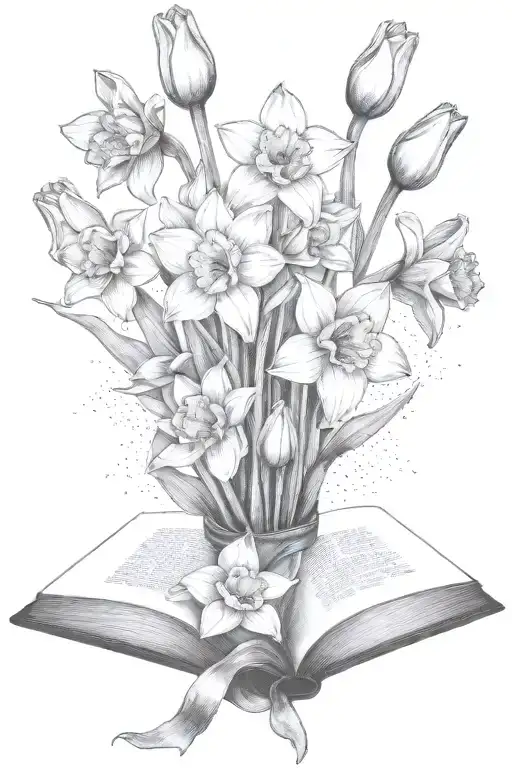 Daffodils And Tulips Bouquet Over An Open Book
