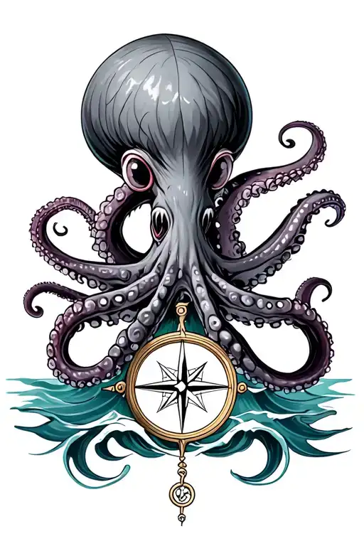 Mean Kracken Octopus In Ocean With Nautical Compass In Middle With Waves