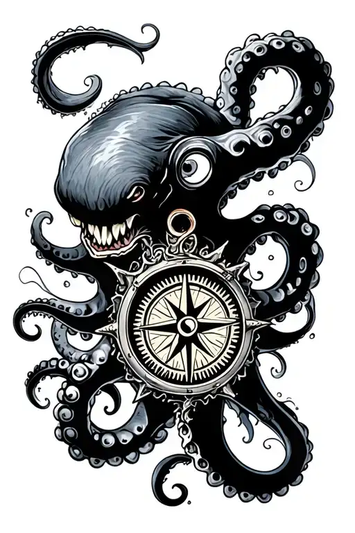 Angry Kracken Octopus In Ocean With Nautical Compass In Middle With Waves