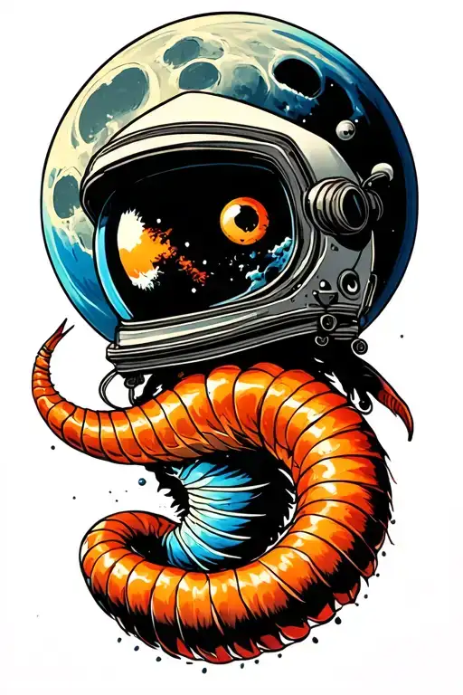Wes Anderson Style Earthworm Wearing A Space Helmet Floating In Front Of The Moon