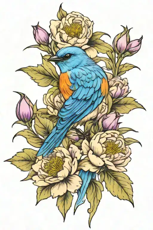 Bluebird With Purple Peony Flowers