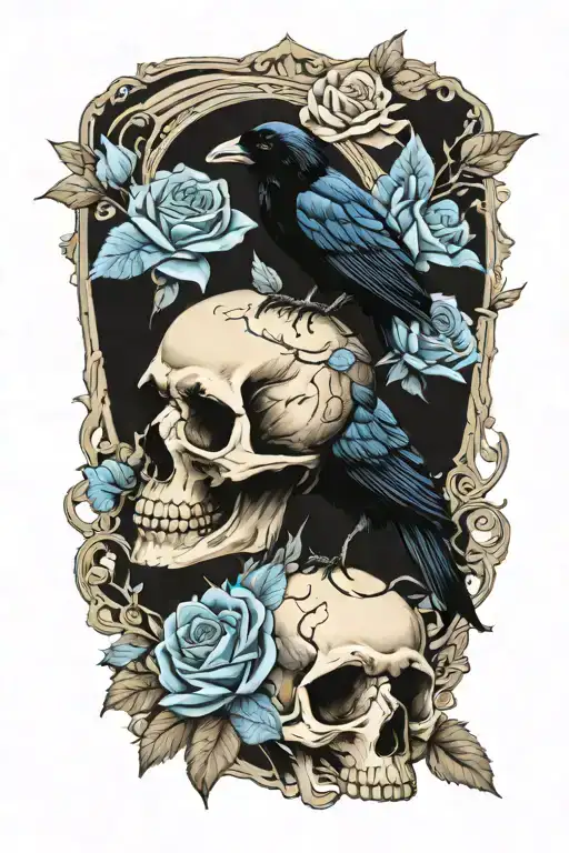 Raven On Skull With Blue Roses