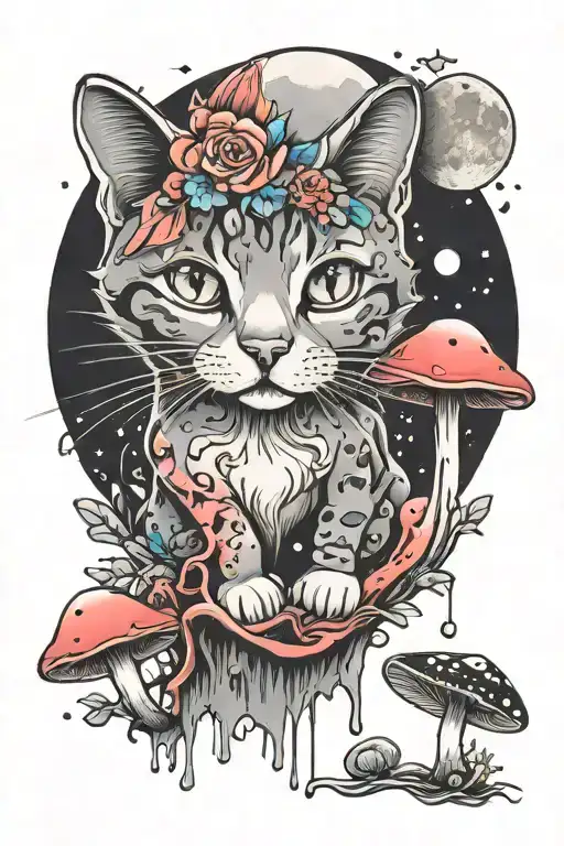 Melting Colorful Mushroom Cat With Moon