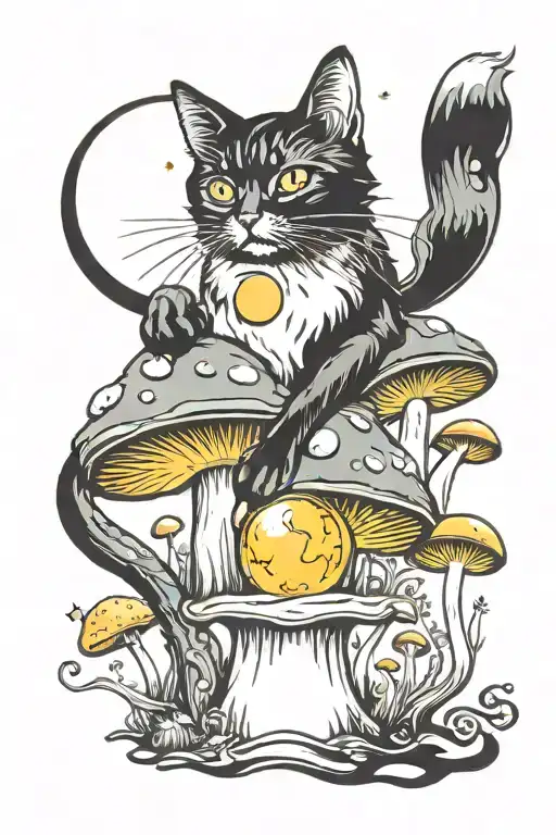 Melting Colorful Mushroom Black Cat With Moon