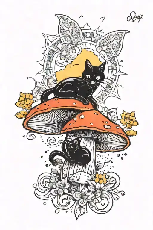 Colorful Mushroom Black Cat With Sun And Moon