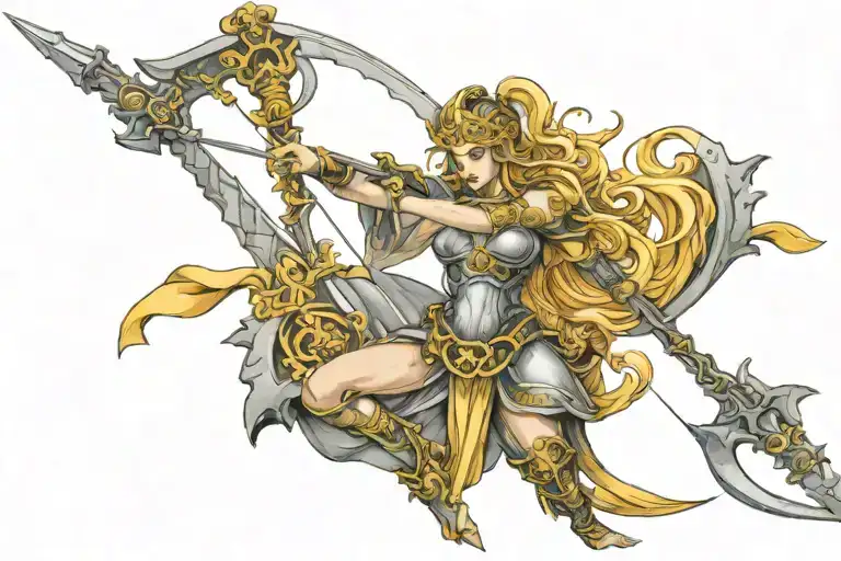 Saggitarius Bow And Libra Scales Adorned In Armor Holding A Sword