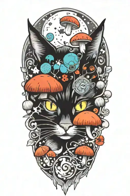 Black Cat With 3 Eye Balls And Trippy Colorful Mushrooms With Moon Melting