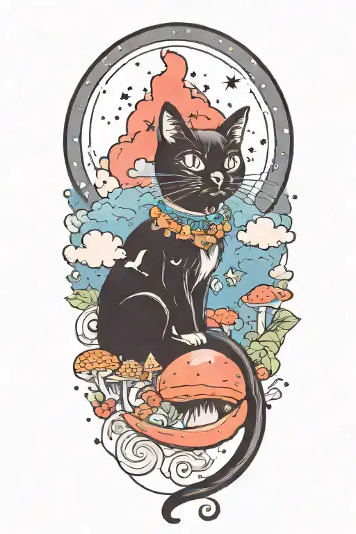 Black Cat With Colorful Mushrooms And Crescent Moon And Clouds And Stars