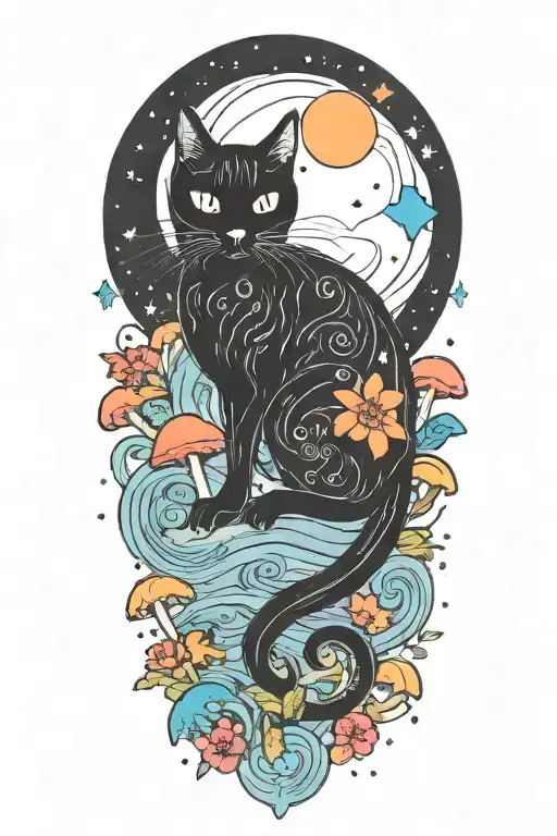 Black Cat With Colorful Mushrooms And Crescent Moon And Clouds And Stars Melting