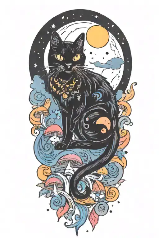 Black Cat With Colorful Mushrooms And Crescent Moon And Clouds And Stars Melting