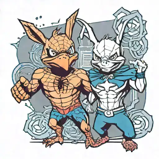 2 Chicken In A Spiderman Costume With Shark Teeth And Rabbit Ears