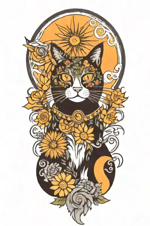 Black Hippie Cat With Trippy Flowers And Sun With Peace Sign