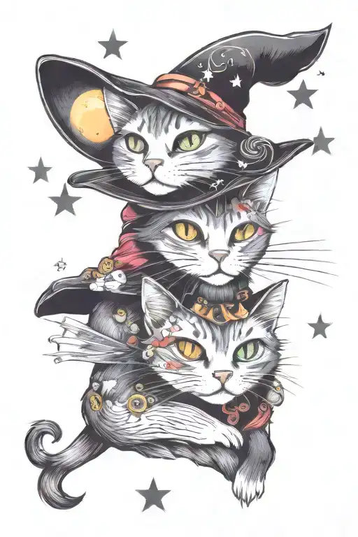 Witch Cat With Moon And Stars And Colorful Mushrooms Trippy