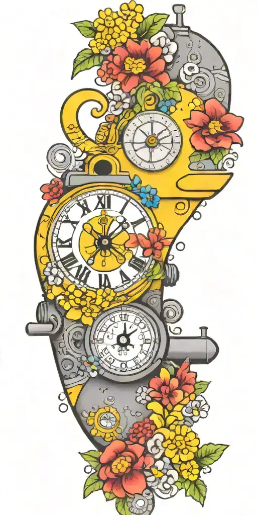 Yellow Submarine With Colorful Flowers And Clock And Rainbow